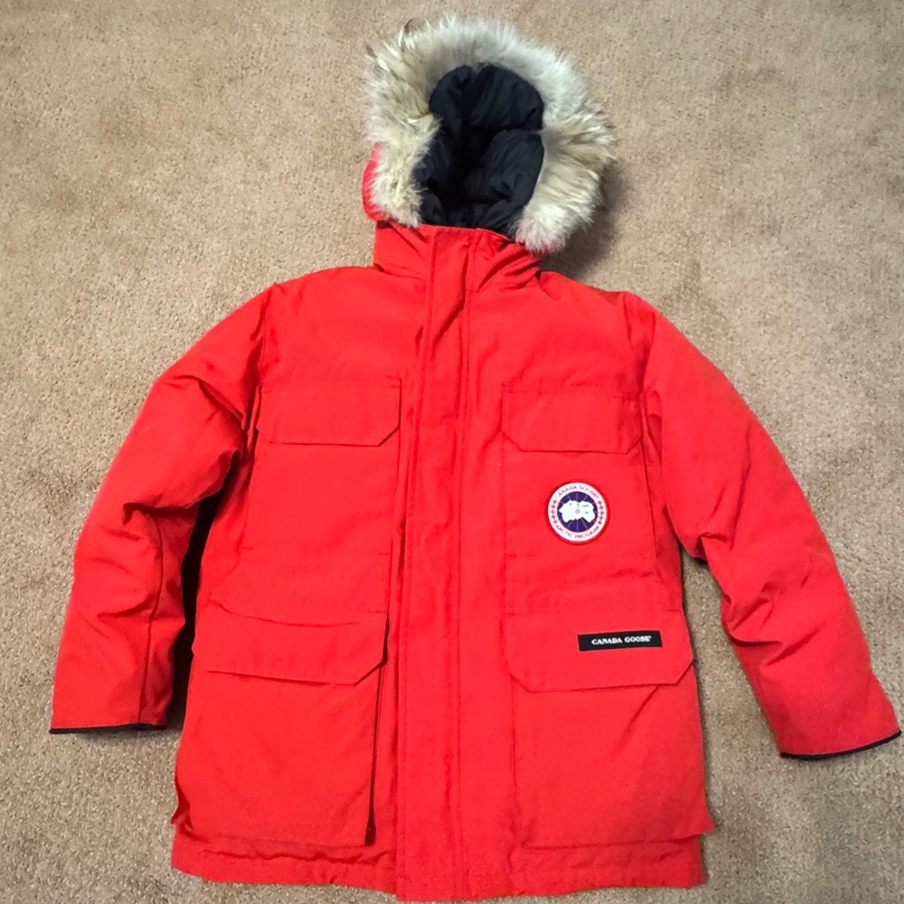 Canada Goose Kids Red Expedition Coat with Real Coyote Fur Hood